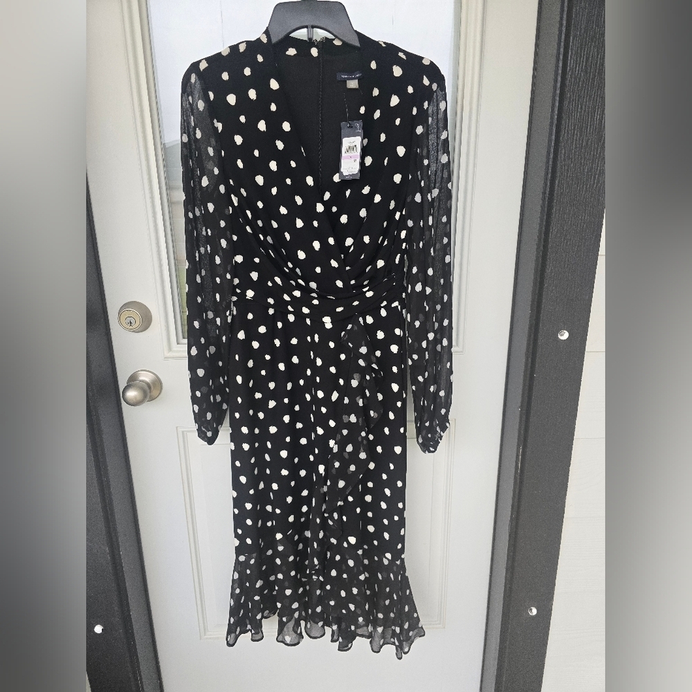 Tommy Hilfiger Polka Dot Faux-Wrap Dress Sz 6 Long Sleeves Sheer Strecty - Picture 3 of 13